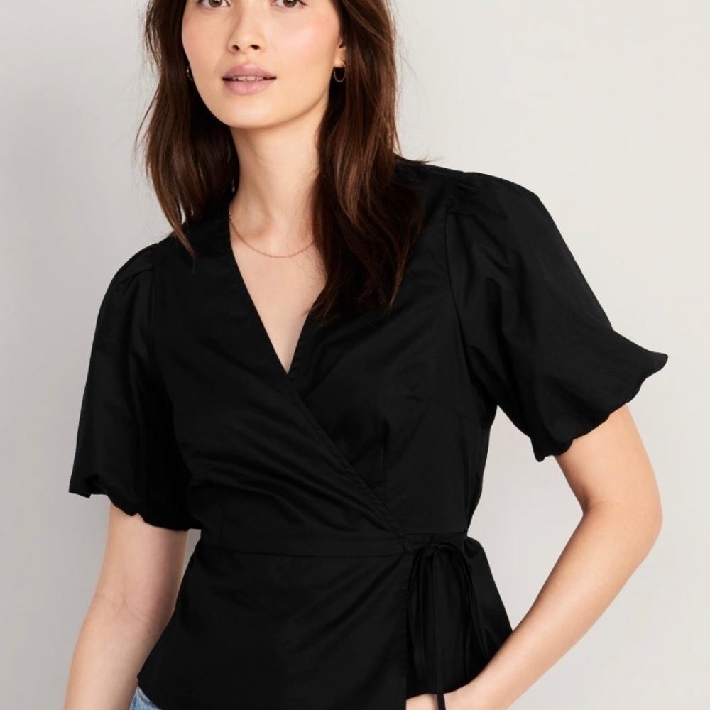 Old Navy Waist-Defined Puff-Sleeve Tie-Wrap Blouse Black S - Picture 2 of 10